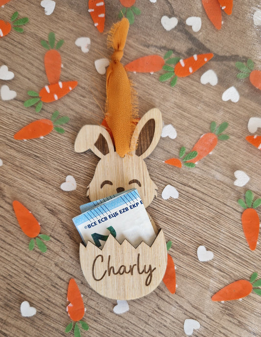 Suspension lapin de Pâques personnalisée – Porte-billet / porte message en bois