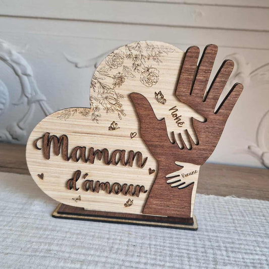 Décoration en bois personnalisée - Une main dans le cœur, un cœur dans la main