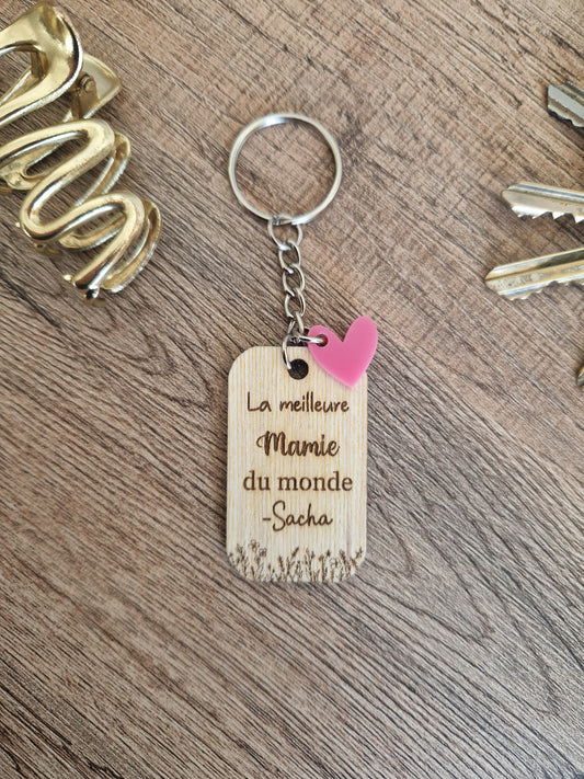 Porte-clés Mamie en bois avec cœur - Fêtes des mamies