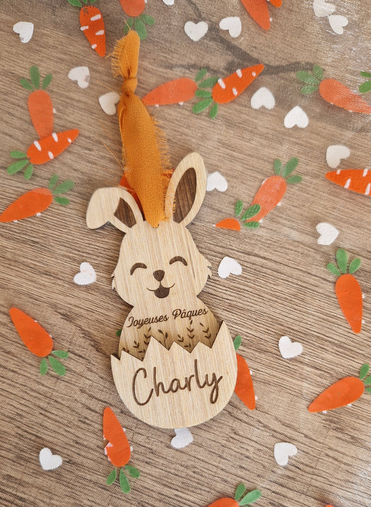 Suspension lapin de Pâques personnalisée – Porte-billet / porte message en bois