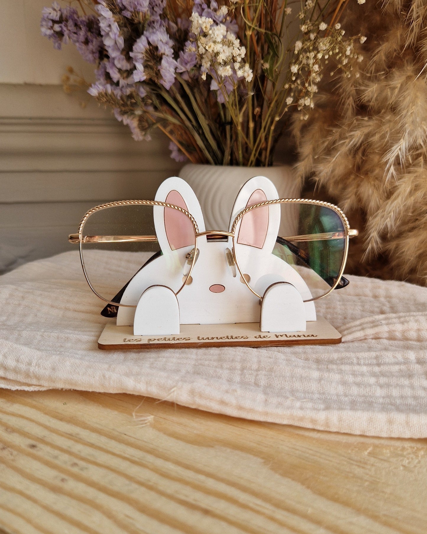 Porte lunettes enfant personnalisé Lapin en bois et plexi
