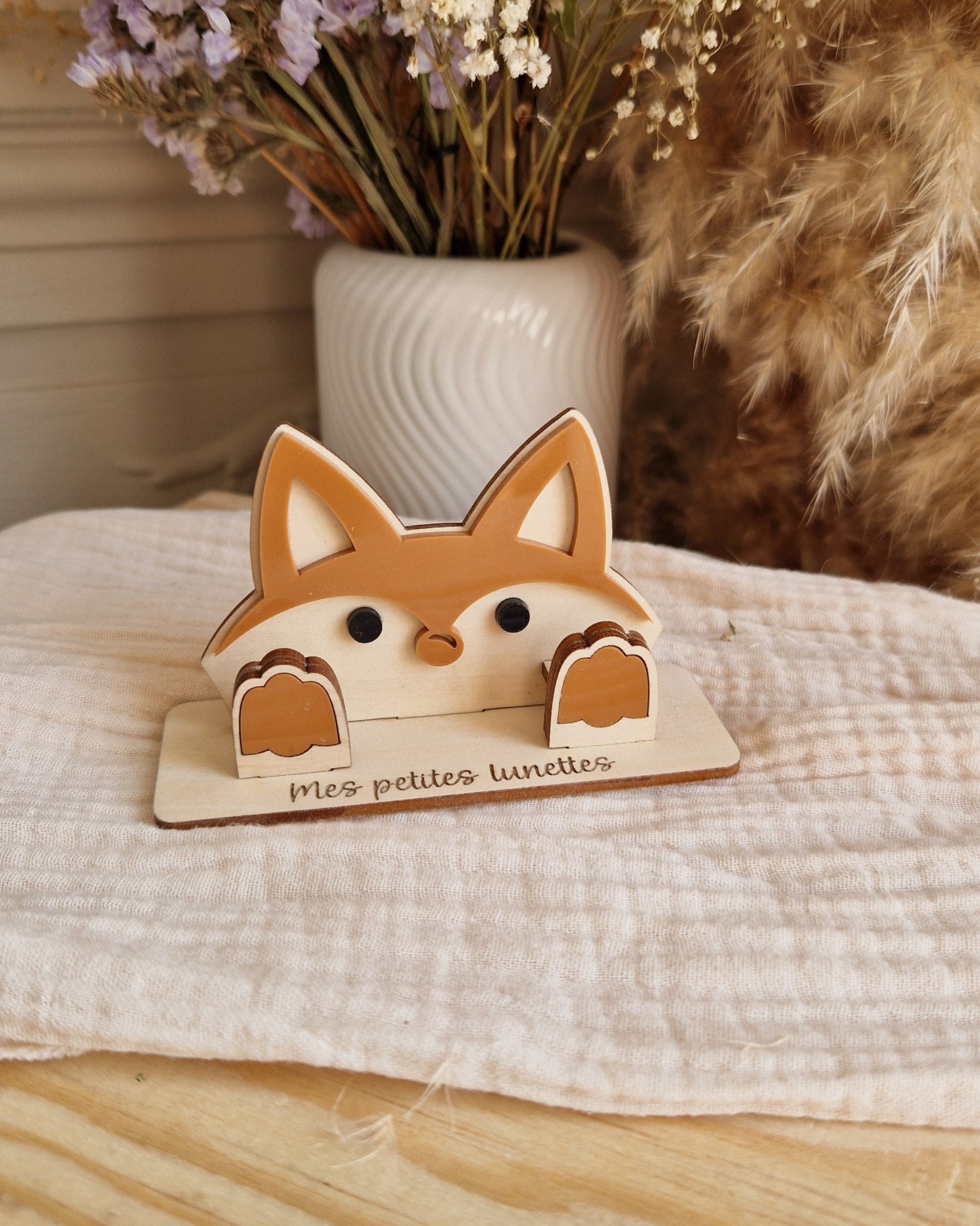 Porte lunettes enfant personnalisé Renard en bois et plexi