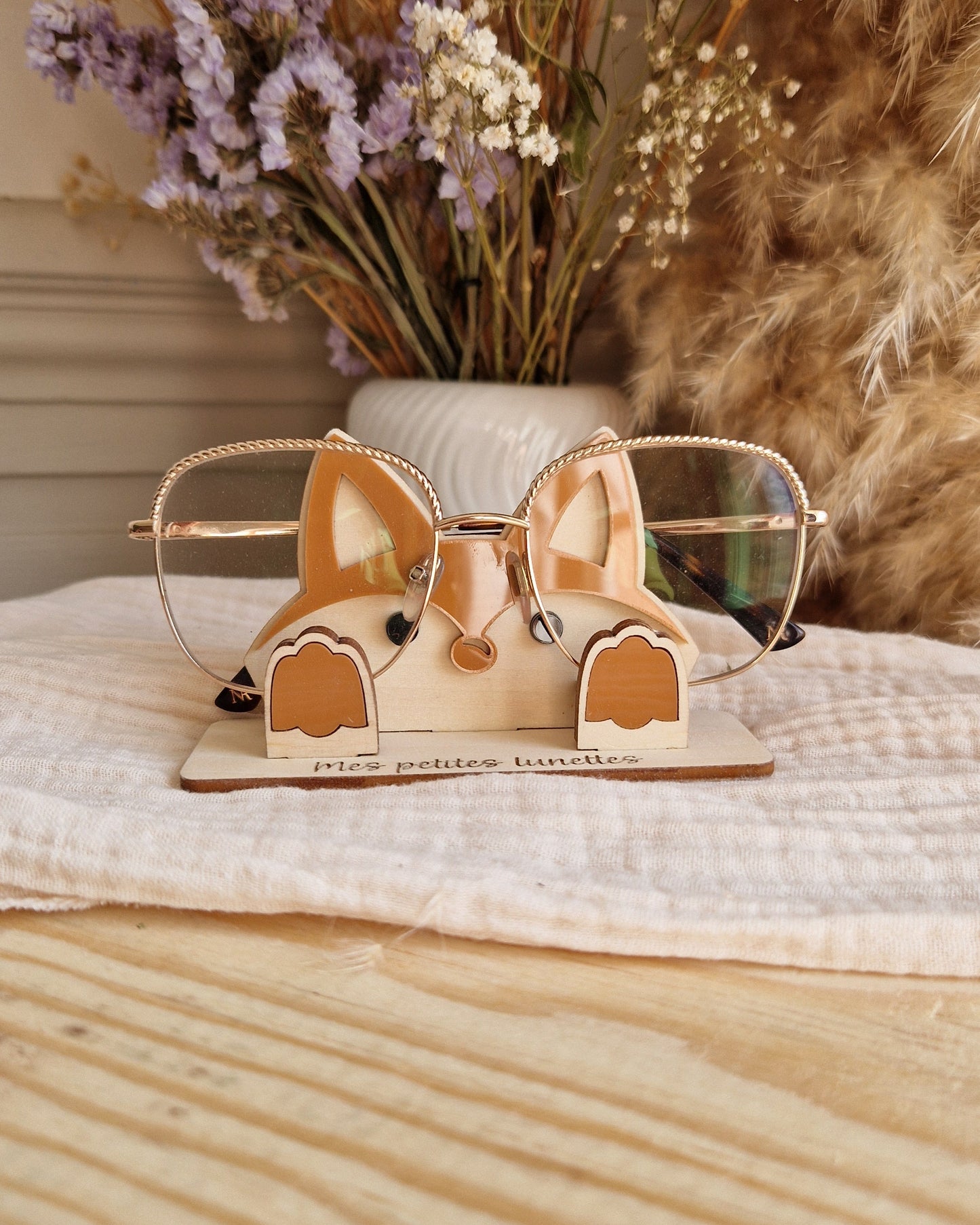 Porte lunettes enfant personnalisé Renard en bois et plexi