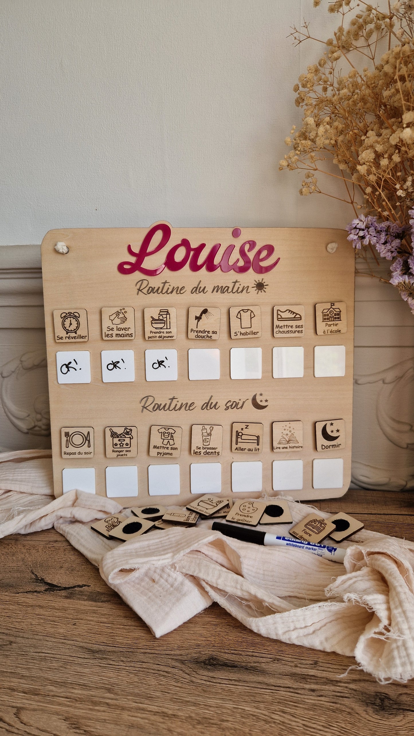 Routine enfant matin et soir personnalisée avec prénom – Tableau tâches effaçables