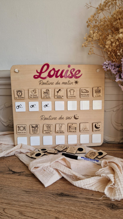Routine enfant matin et soir personnalisée avec prénom – Tableau tâches effaçables