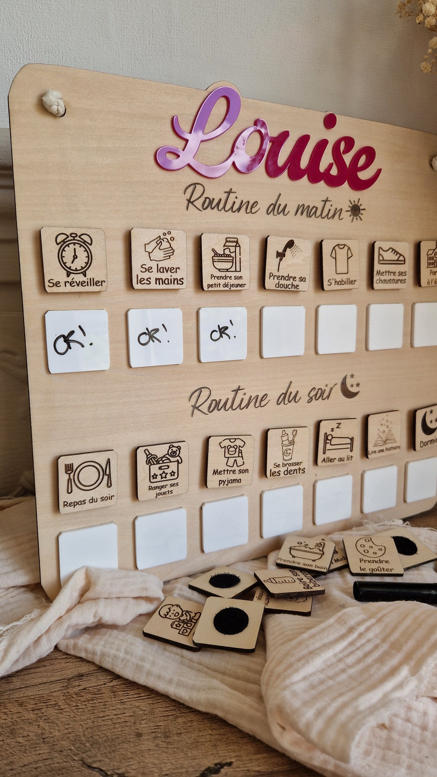 Routine enfant matin et soir personnalisée avec prénom – Tableau tâches effaçables