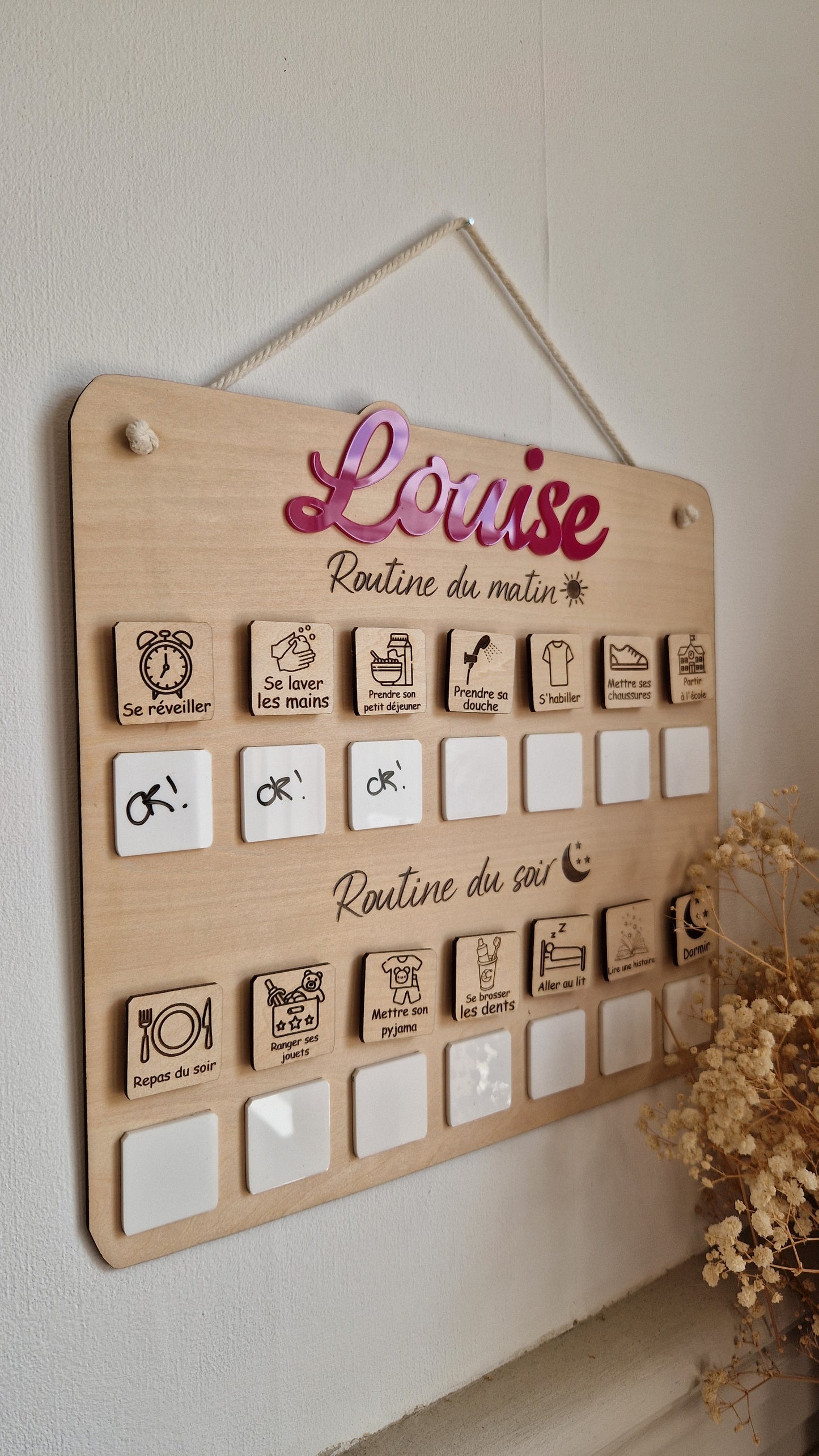 Routine enfant matin et soir personnalisée avec prénom – Tableau tâches effaçables