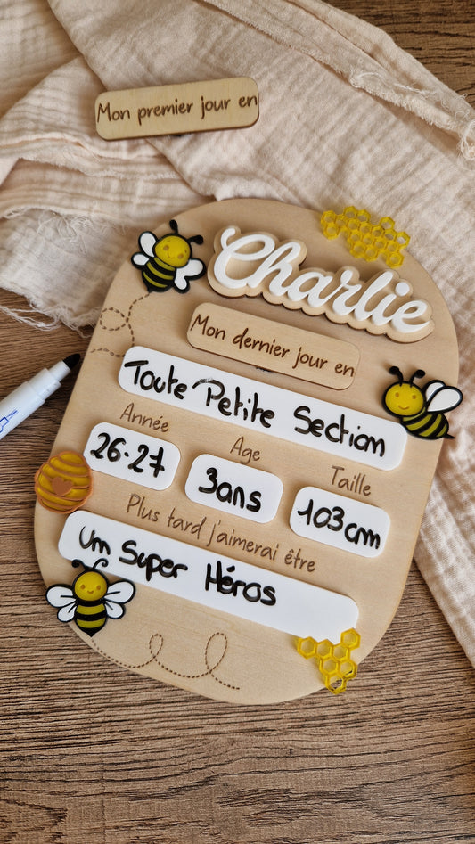 Panneau photo de rentrée scolaire personnalisé en bois - Abeille