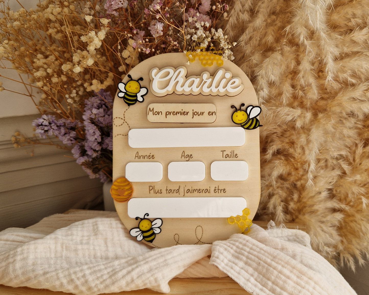 Panneau photo de rentrée scolaire personnalisé en bois - Abeille