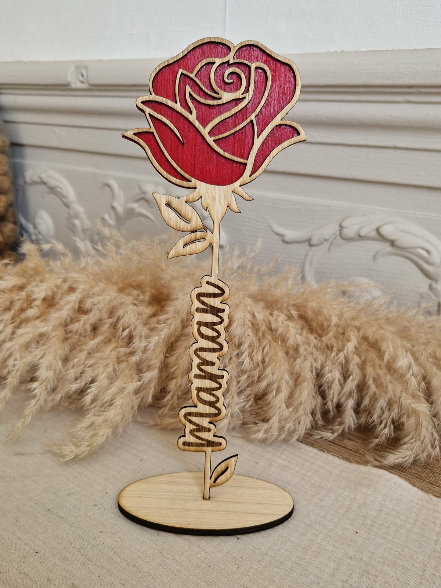 Rose Eternel en bois Mamie, Maman, Marraine, Prénom...