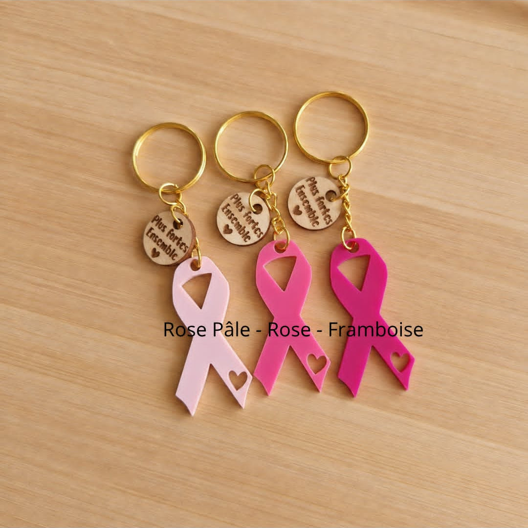 Porte clé Octobre Rose - Plus fortes ensemble - Ruban Rose